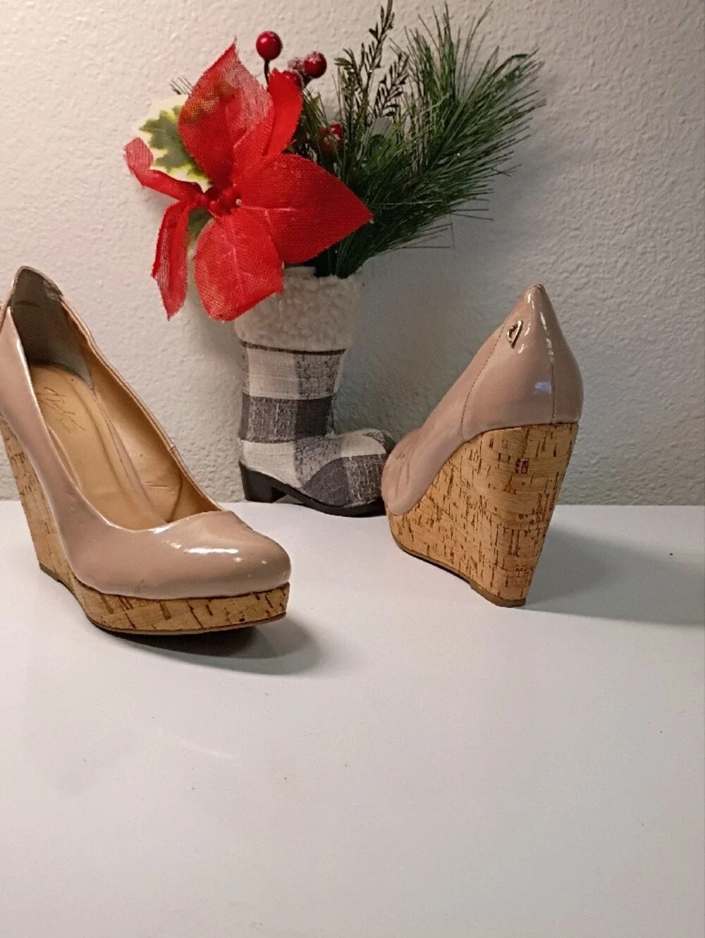 Thalia Sodi Nude Patent Platform Pumps with Cork-Style Sole